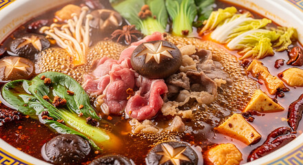 Savor the Flavor of Authentic Asian Hot Pot with Fresh Vegetables, Tender Meat, and Aromatic Spices Simmering in Rich Broth for a Delicious and Invigorating Culinary Experience