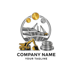 Industrial logo design featuring an excavator and cranes at a mining quarry with gold and silver coins.