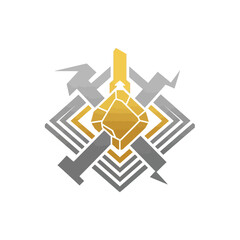 Abstract geometric emblem featuring a central golden crystal surrounded by metallic grey angular shapes and stylized figures.