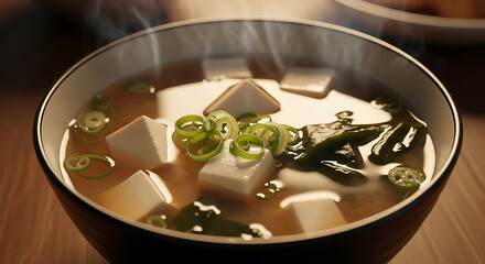 Warm up with delicious miso soup featuring tofu, seaweed, and scallions, a comforting Japanese classic perfect for a healthy meal or restaurant menu promotion, showcasing authentic cuisine