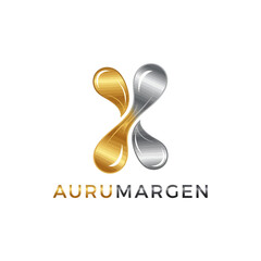 A modern logo for Aurumargen featuring two intertwined, fluid, drop-like shapes, one gold and one silver, forming an abstract 'X' on a white background.