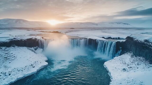 aerial drone shot of mighty godafoss waterfall in North Iceland during winter video