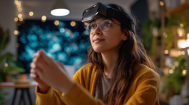 Faceless young female wearing virtual reality headset at home defocused digital environment background entering internet 3D universe immersive social media concept next