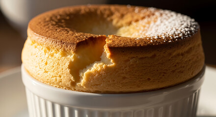 Enjoy a delectable soufflé dusted with powdered sugar, perfect for a gourmet dessert advertisement or a cozy baking blog, showcasing culinary artistry and sweet indulgence