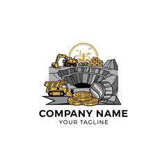 Bitcoin Mining Logo with Excavator and Gold Coins.