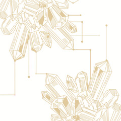 Geometric crystal clusters illustration in gold on white background.