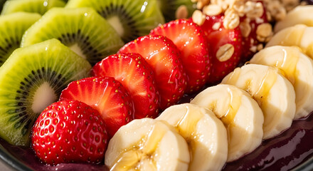 Vibrant acai bowl brimming with fresh kiwi, juicy strawberries, and sweet banana slices drizzled with honey, creating a healthy and delicious breakfast or snack option that's full of flavor