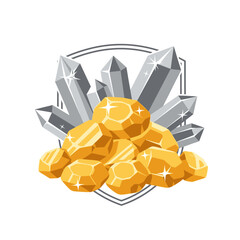 A pile of sparkling gold nuggets and shiny silver crystals on a shield emblem background.