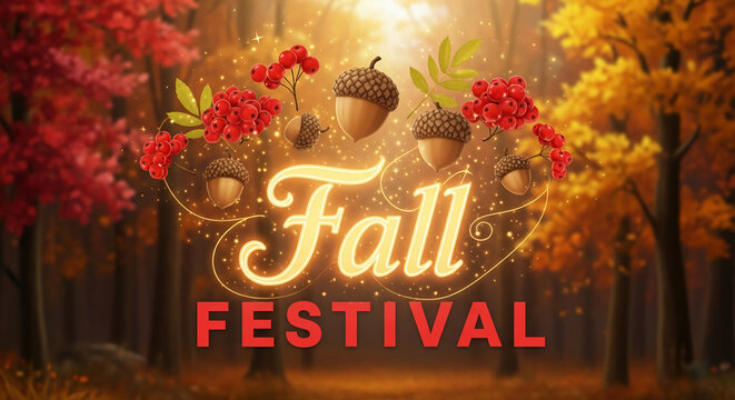 Festive autumnal scene with red berries, acorn and glowing text "Fall Festival", evoking seasonal abundance, nature's transition and harvest celebration
