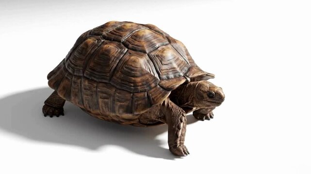 A hyper-realistic video of a tortoise walking slowly on a clean white background. Textured shell and wrinkled skin in cinematic realism.