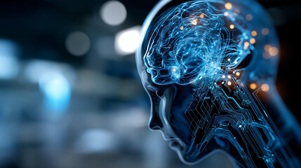 Machine learning artificial intelligence visualization faceless wireframe brain defocused circuit electronic background with binary code AI deep learning concept future