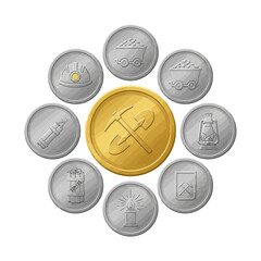 A central gold coin with a pickaxe and shovel surrounded by silver coins depicting mining equipment icons.