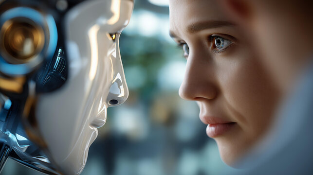 Humanoid robot face close up faceless futuristic features defocused modern tech background chatbot assistance concept auto conversation interface future digital technology AI