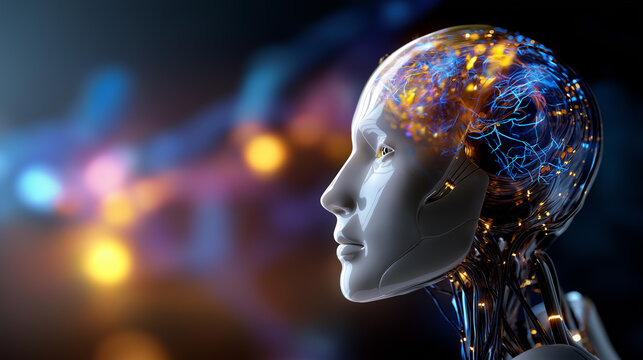 Side view of humanoid head with blue and yellow eyes faceless robot profile defocused vibrant neon neural network background futuristic technology concept artificial