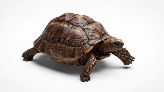 A hyper-realistic video of a tortoise walking slowly on a clean white background. Textured shell and wrinkled skin in cinematic realism.