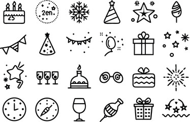 Celebration and party line icons set. birthday, new year, event symbols.