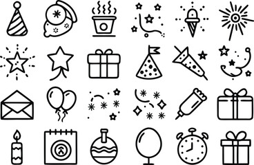 Celebration party event outline icon set, festive symbols happy