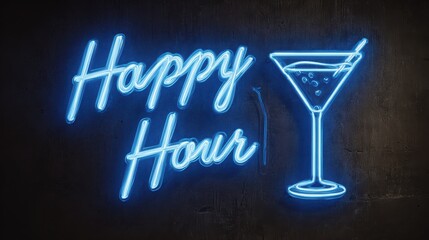 Vibrant Happy Hour Neon Sign. A Cheerful Illustration for Bars and Gatherings, Featuring Drinks and Beer in Blue Glow