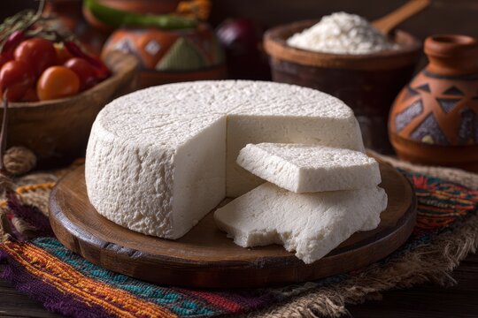 Rustic Slice of Fresh Mexican Panela Cheese Served on a Wooden Table