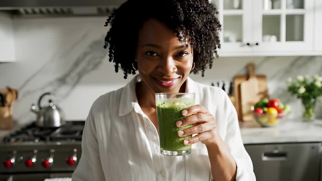 A serene kitchen scene presents a woman focusing on her wellness routine, surrounded by fresh vegetables including broccoli and tomatoes arranged artfully in a bowl, capturing the concept of.