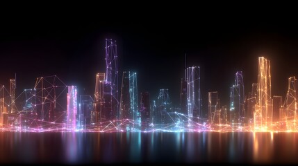 Naklejka premium Digital metropolitan skyline glows with multicolored neon light connections over dark water