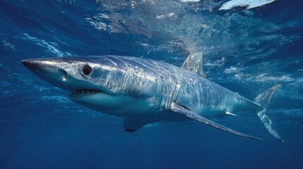 Fototapeta premium Mako Majesty: Underwater Exploration of the Short Fin Mako Shark in Cape Town's Pristine Blue Ocean