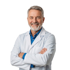 Smiling mature male doctor wearing white lab coat with arms crossed isolated on transparent background