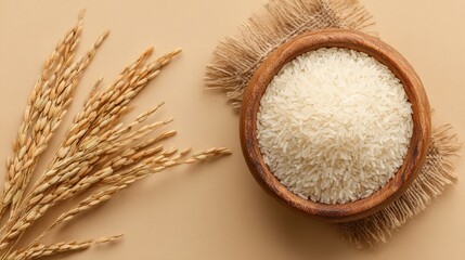 Bowl of rice on burlap with wheat stalks, healthy eating concept