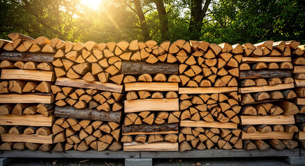 A large stack of cut firewood logs piled high with sunlight and trees in the background outdoors ai generated
