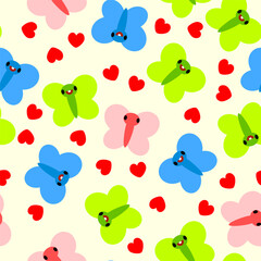 Children's seamless pattern with colorful butterflies and hearts on a retro background