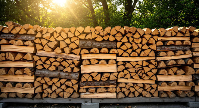 A large stack of cut firewood logs piled high with sunlight and trees in the background outdoors ai generated