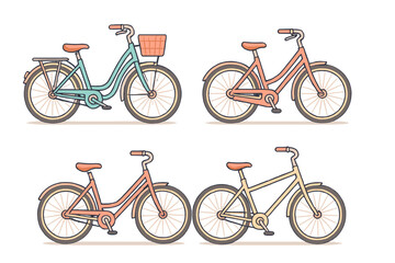 Obraz premium Collection of four retro style bicycles with various frame designs and soft pastel colors