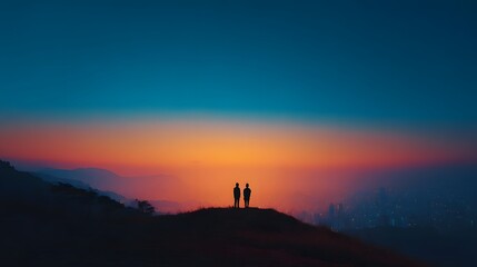 Fototapeta premium Two figures stand silhouetted atop a dark ridge overlooking a sprawling metropolitan area during twilight