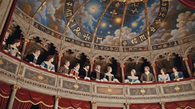 In a stunning theater adorned with intricate details, an audience enjoys a magical performance under a beautifully painted ceiling. Laughter and applause echo as actors enchant.
