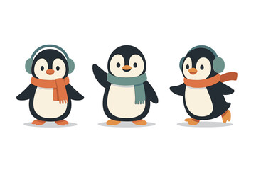 Fototapeta premium Three cute cartoon penguins wearing scarves and earmuffs in winter clothes