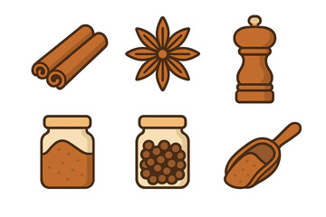 Collection of culinary spices and kitchen tools including cinnamon sticks, star anise, and spice jars