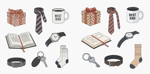 Collection of Father's Day gifts and men's accessories including ties, watches, mugs, books, belts, keys, and socks on a transparent background.
