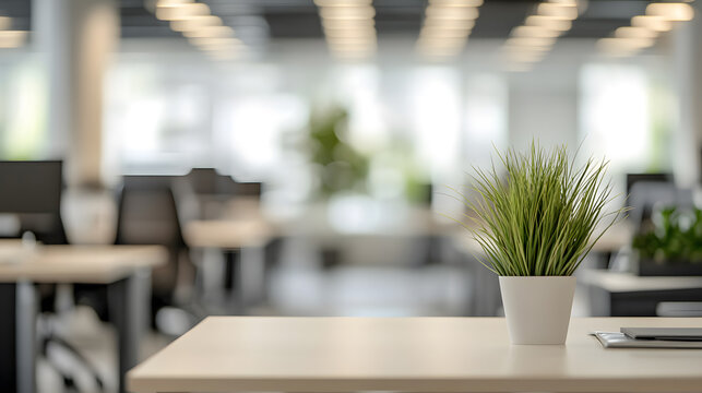An indoor office scene featuring a desk with a small potted plant, showcasing a modern and clean workspace.