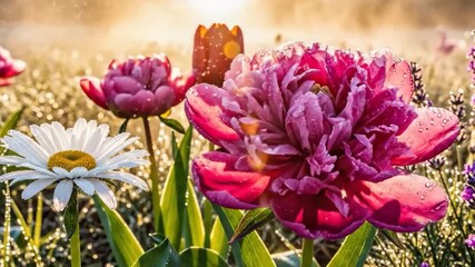 Pink peony and daisy with tulip dewdrop in morning sunlight, spring garden blooms radiant - Powered by Adobe