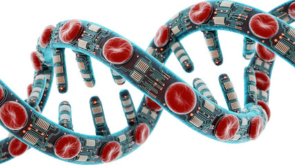 High-tech 3D concept of red blood cells merging with digital circuits and data streams, representing artificial intelligence in healthcare, biotech innovation, and futuristic medical data technology.