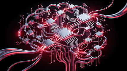 High-tech 3D concept of red blood cells merging with digital circuits and data streams, representing artificial intelligence in healthcare, biotech innovation, and futuristic medical data technology.