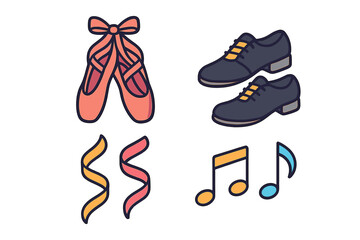 Set of dance and music symbols featuring ballet pointe shoes, dress shoes, ribbons, and musical notes