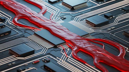 High-tech 3D concept of red blood cells merging with digital circuits and data streams, representing artificial intelligence in healthcare, biotech innovation, and futuristic medical data technology.