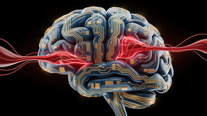 Futuristic 3D illustration of red blood cells flowing through a digital microchip, symbolizing biotechnology, medical innovation, artificial intelligence in healthcare, and the fusion of biology