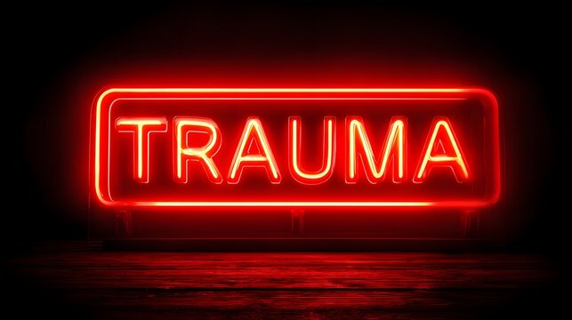 Glowing red neon sign illuminates the word indicating distress against a dark background