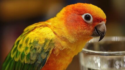 Vibrant Parrot Cocktail: A Close-Up of a Colorful Nymph with Striking Orange Crest and Nail Art