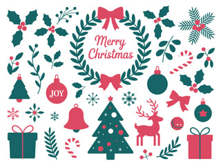 A collection of festive Christmas elements including trees, wreaths, gifts, and ornaments, conveying holiday cheer and celebration.