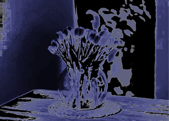 Elegant purple tulips in a glass vase create a peaceful, modern ambiance for home decor and artistic presentations with a hint of mystery