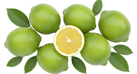 green lemons isolated on transparent white background full depth of field clipping path 