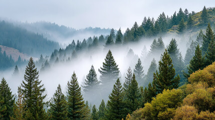 Mystical fog rolling over verdant forest ridge in gentle waves